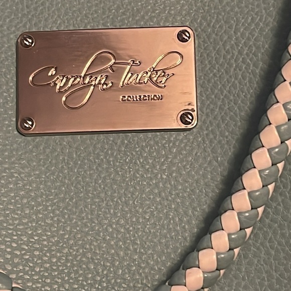 Carolyn Tucker collections seafoam blue with braided handles zipper‎ bag tote. - Picture 2 of 14